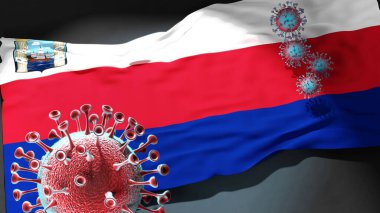 Maracaibo 'daki Covid - Coronavirus, Maracaibo' nun şehir bayrağına saldırıyor. Virüs salgınıyla mücadele sembolü olarak.