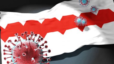 Omsk 'taki Covid - Coronavirus bu şehirdeki virüs salgınıyla mücadele sembolü olarak Omsk şehir bayrağına saldırıyor.