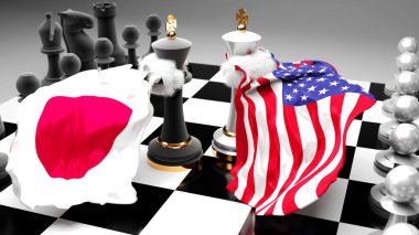 Bu iki ülke arasındaki Japonya krizi, çatışma, çatışma ve tartışma ulusal bayraklarla oynanan bir satranç oyunu ve 3D illüstrasyonuyla sembolize edilen bir ticaret anlaşması veya egemenliği hedefliyor.