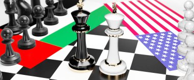 Birleşik Arap Emirlikleri ve ABD arasındaki çatışma, çatışma, kriz ve tartışma, ulusal bayraklarla oynanan bir satranç oyunu ve 3D illüstrasyonuyla sembolize edilen bir ticaret anlaşması ve egemenliği hedefliyor.