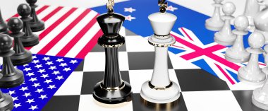 ABD ve Yeni Zelanda arasındaki çatışma, çatışma, kriz ve tartışma, bu iki ülke arasında bir ticaret anlaşması ve ulusal bayraklarla oynanan bir satranç oyunuyla sembolize edilen hakimiyet, 3D illüstrasyon