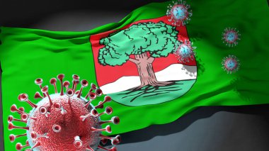 Walbrzych 'deki Covid - Coronavirus, Walbrzych' in bir şehir bayrağına saldırıyor. Bu şehirdeki virüs salgınıyla mücadele için bir sembol.