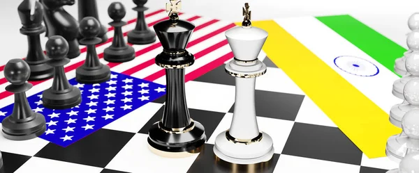 USA and India conflict, clash, crisis and debate between those two countries that aims at a trade deal and dominance symbolized by a chess game with national flags, 3d illustration