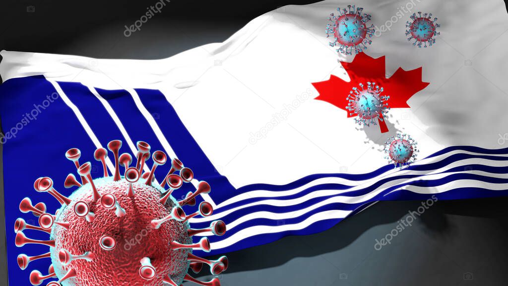 Covid in Scarborough Ontario - coronavirus attacking a city flag of Scarborough Ontario as a symbol of a fight and struggle with the virus pandemic in this city, 3d illustration