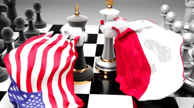 ABD Polonya krizi, çatışma, çatışma ve bu iki ülke arasında bir ticaret anlaşması veya ulusal bayraklarla oynanan bir satranç oyunuyla sembolize edilen hakimiyet, 3D illüstrasyon