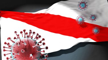 Strasbourg 'da Covid - Coronavirus, Strasbourg' un bir şehir bayrağına saldırıyor bu şehirdeki virüs salgınıyla mücadele sembolü olarak, 3D illüstrasyon.