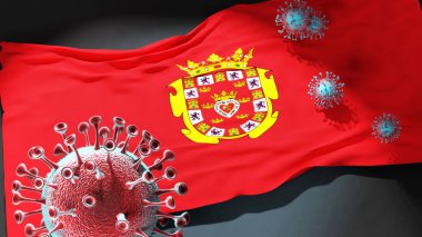 Murcia 'daki Covid - Coronavirus bu şehirdeki virüs salgınıyla mücadele sembolü olarak Murcia' nın şehir bayrağına saldırıyor.
