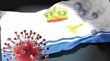 Astrakhan 'da Covid - Coronavirus Astrakhan' ın bir şehir bayrağına saldırıyor bu şehirdeki virüs salgınıyla mücadele sembolü olarak, 3D illüstrasyon