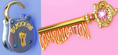 Başarının anahtarı İletişim - işte ya da hayatta kazanmak için İletişim 'e odaklanmanız gerekir, zaferlere giden kapıları açar ve gerçekten istediğinizi elde edersiniz, 3d illüstrasyon