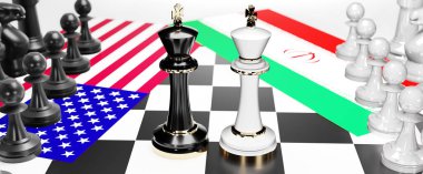 ABD ve İran arasında bir ticaret anlaşması ve ulusal bayraklarla oynanan bir satranç oyunuyla sembolize edilen egemenliği hedefleyen bu iki ülke arasında çatışma, çatışma, kriz ve tartışma