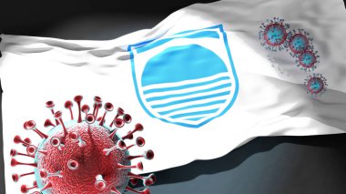 Mostar 'daki Covid - Coronavirus, Mostar' ın bir şehir bayrağına saldırarak bu şehirdeki virüs salgınıyla mücadele ve mücadele sembolü olan 3D illüstrasyon