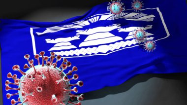 Kuzey Makedonya Prilep Belediyesindeki Covid - Coronavirus ve Kuzey Makedonya 'daki Prilep Belediyesi bayrağı, bu kentteki pandeminin bir simgesi olarak, 3d illüstrasyon