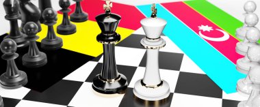 Belçika ve Azerbaycan arasındaki çatışma, çatışma, kriz ve tartışma, bu iki ülke arasında bir ticaret anlaşması ve egemenlik, ulusal bayraklı bir satranç oyunu, 3d illüstrasyonla sembolize edilmektedir.