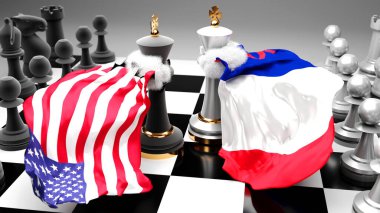 ABD Fransa 'da ulusal bayraklarla oynanan bir satranç oyunu, 3D illüstrasyonla sembolize edilen bir ticaret anlaşması veya egemenliği hedefleyen iki ülke arasındaki kriz, çatışma, çatışma ve tartışma