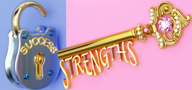 Başarının anahtarı iş, iş, aile ya da hayatta kazanmak için güçlü noktalara odaklanmak, zaferlere giden kapıları açmak ve gerçekten istediğinizi elde etmektir, 3D illüstrasyon.