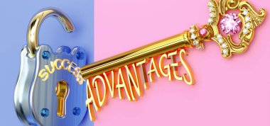 Başarının anahtarı avantajlardır - iş, iş, aile ya da hayatta kazanmak için avantaja odaklanmalısınız, zaferlere giden kapıları açar ve gerçekten istediğinizi elde edersiniz, 3d illüstrasyon