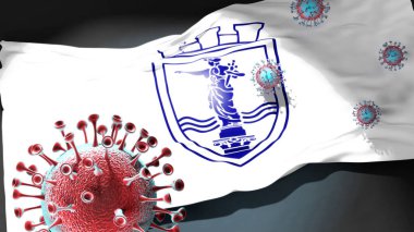 Ruse 'daki Covid - Coronavirus bu şehirdeki virüs salgınıyla mücadele sembolü olarak Ruse' un bir şehir bayrağına saldırıyor.