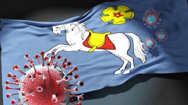 Ostrava 'da Covid - Coronavirus, Ostrava' nın bir şehir bayrağına saldırıyor. Bu şehirdeki virüs salgınıyla mücadele sembolü olarak, 3D çizim.