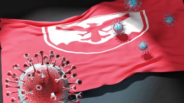 Kuzey Makedonya 'nın Centar Belediyesi' ndeki Covid - Coronavirus ve Centar Belediyesi 'nin Kuzey Makedonya bayrağı, bu kentteki salgının bir simgesi olarak, 3D illüstrasyon