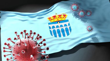 Segovia 'da Covid - Coronavirus Segovia' nın bir şehir bayrağına saldırıyor. Virüs salgınıyla mücadele ve mücadele sembolü olarak.