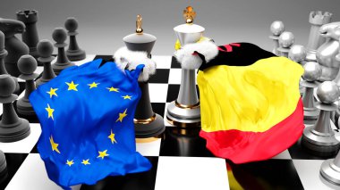 Ulusal bayraklarla oynanan bir satranç oyunu ve 3D illüstrasyonuyla sembolize edilen bir ticaret anlaşması veya egemenliği hedefleyen bu iki ülke arasında AB Avrupa 'daki Belçika krizi, çatışması, çatışması ve tartışması
