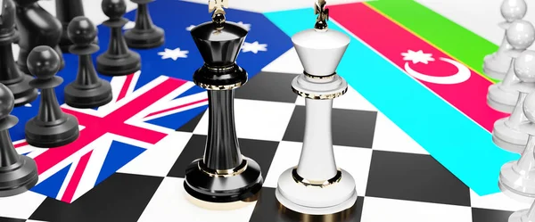 Avustralya ve Azerbaycan arasındaki çatışma, çatışma, kriz ve tartışma, bu iki ülke arasında bir ticaret anlaşması ve egemenliği simgeleyen ulusal bayraklı bir satranç oyunu, 3d illüstrasyon