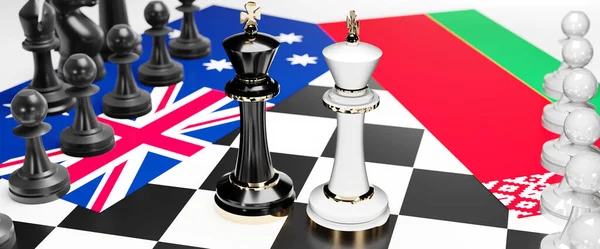 Avustralya ve Belarus arasında bir ticaret anlaşması ve ulusal bayraklarla oynanan bir satranç oyunuyla sembolize edilen egemenliği hedefleyen bu iki ülke arasında çatışma, çatışma, kriz ve tartışma