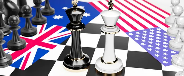 Australia and USA conflict, clash, crisis and debate between those two countries that aims at a trade deal and dominance symbolized by a chess game with national flags, 3d illustration