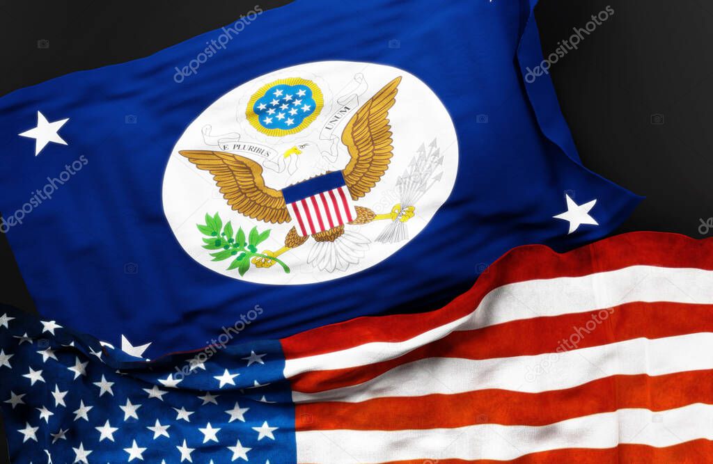 Flag of the United States Secretary of State along with a flag of the United States of America as a symbol of a connection between them, 3d illustration