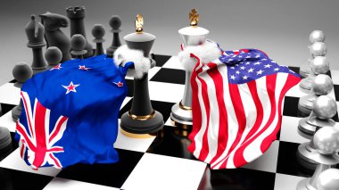 Yeni Zelanda ABD krizi, çatışma ve tartışma, bu iki ülke arasında bir ticaret anlaşması veya ulusal bayraklarla oynanan bir satranç oyunuyla sembolize edilen hakimiyet, 3D illüstrasyon