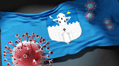 Szombathely 'de Covid - Coronavirus, Szombath' ın bir şehir bayrağına saldırıyor bu şehirdeki virüs salgınıyla mücadele ve mücadele sembolü olarak.