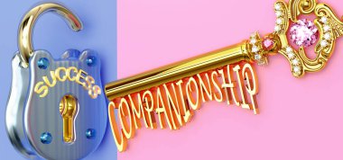 Başarının anahtarı Refakatçilik - işte ya da hayatta kazanmak için Refakatçiliğe odaklanmanız gerekir, zaferlere giden kapıları açar ve gerçekten istediğinizi elde edersiniz, 3D illüstrasyon