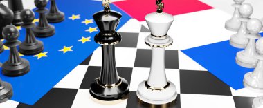 Ulusal bayraklarla oynanan bir satranç oyunu, 3D illüstrasyonuyla sembolize edilen bir ticaret anlaşması ve egemenliği hedefleyen bu iki ülke arasında AB Avrupa ve Fransa arasındaki çatışma, çatışma, kriz ve tartışma
