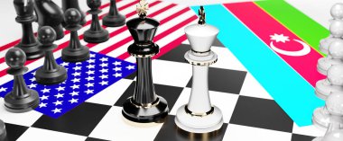 ABD ve Azerbaycan arasındaki çatışma, çatışma, kriz ve tartışma, bu iki ülke arasında bir ticaret anlaşması ve egemenliği simgeleyen bir satranç oyunu, ulusal bayraklar, 3d illüstrasyonla sembolize ediyor