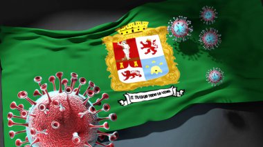 Leon Guanajuato 'daki Covid - Coronavirus, Leon Guanajuato' nun şehir bayrağına saldırıyor. Bu şehirdeki virüs salgınıyla mücadele için bir sembol.