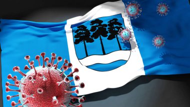 Ogre 'deki Covid - Coronavirus, Ogre' nin şehir bayrağına saldırıyor. Virüs salgınıyla mücadele sembolü olarak.
