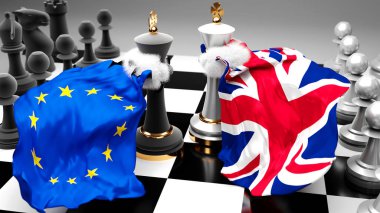 Bir ticaret anlaşması veya ulusal bayraklarla oynanan bir satranç oyunuyla sembolize edilen egemenliği hedefleyen bu iki ülke arasındaki AB Avrupa İngiltere krizi, çatışma, çatışma ve tartışma