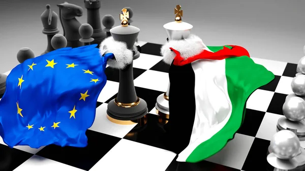 EU Europe United Arab Emirates crisis, clash, conflict and debate between those two countries that aims at a trade deal or dominance symbolized by a chess game with national flags, 3d illustration