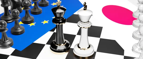 EU Europe and Japan conflict, clash, crisis and debate between those two countries that aims at a trade deal and dominance symbolized by a chess game with national flags, 3d illustration