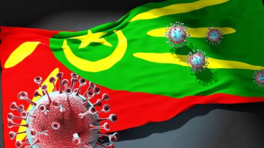 Kuzey Makedonya Plasnica Belediyesindeki Covid - Coronavirus ve Kuzey Makedonya Plasnica Belediyesi 'nin bir bayrağı, bu kentteki salgının bir simgesi olarak, 3d illüstrasyon