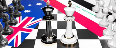 Avustralya ve Irak arasında bir ticaret anlaşması ve ulusal bayraklarla oynanan bir satranç oyunuyla sembolize edilen egemenliği hedefleyen bu iki ülke arasında çatışma, çatışma, kriz ve tartışma