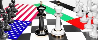 ABD ve Birleşik Arap Emirlikleri arasındaki çatışma, çatışma, kriz ve tartışma, ulusal bayraklarla oynanan bir satranç oyunu ve 3D illüstrasyonuyla sembolize edilen bir ticaret anlaşması ve egemenliği hedefliyor.