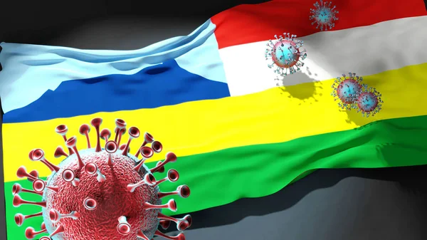 Kota Kinabalu 'daki Covid - Coronavirus Kota Kinabalu' nun şehir bayrağına saldırıyor bu şehirdeki virüs salgınıyla mücadele ve mücadele sembolü olarak, 3D illüstrasyon