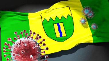 Kimberley British Columbia 'daki Covid. Coronavirus, Kimberley British Columbia' nın şehir bayrağına saldırıyor. Bu şehirdeki virüs salgınıyla mücadele sembolü olarak.