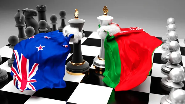 Yeni Zelanda Belarus krizi, çatışma, çatışma ve tartışma bu iki ülke arasında bir ticaret anlaşması veya ulusal bayraklı bir satranç oyunuyla sembolize edilen hakimiyet, 3d illüstrasyon