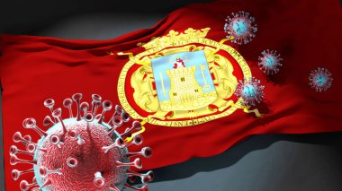 Lorca 'da Covid - Coronavirus Lorca' nın şehir bayrağına saldırıyor bu şehirdeki virüs salgınıyla mücadele sembolü olarak, 3D illüstrasyon