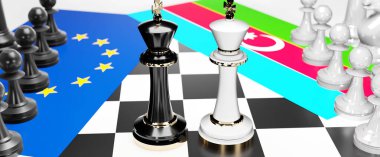 Bu iki ülke arasında, ulusal bayraklar ve 3d illüstrasyonla sembolize edilen bir satranç oyunu ile sembolize edilen bir ticaret anlaşması ve egemenliği hedefleyen AB Avrupa ve Azerbaycan ihtilafı, çatışma, kriz ve tartışma