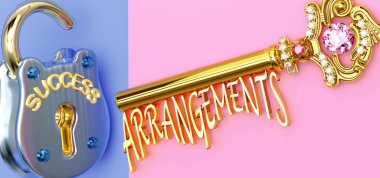 Başarının anahtarı iş, iş, aile ya da hayatta kazanmak için aranjmanlara odaklanmak, zaferlere giden kapıları açmak ve gerçekten istediğinizi elde etmek, 3D illüstrasyon