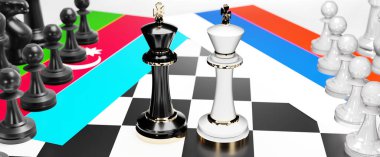 Azerbaycan ve Rusya arasındaki çatışma, çatışma, kriz ve tartışma, bu iki ülke arasında ulusal bayraklarla oynanan satranç oyunu ve 3D illüstrasyonuyla sembolize edilen bir ticaret anlaşması ve egemenliği hedefliyor.