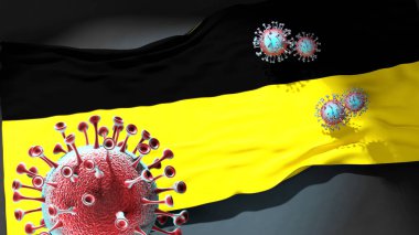 Namur 'da Covid - Coronavirus Namur' un bir şehir bayrağına saldırıyor bu şehirdeki virüs salgınıyla mücadele sembolü olarak, 3D çizim